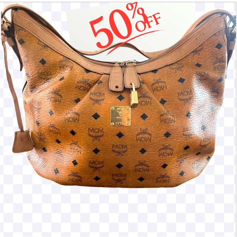 Authentic MCM large capacity Hobo/Shoulder Leather/Canvas Bag with 1Key & Lock.